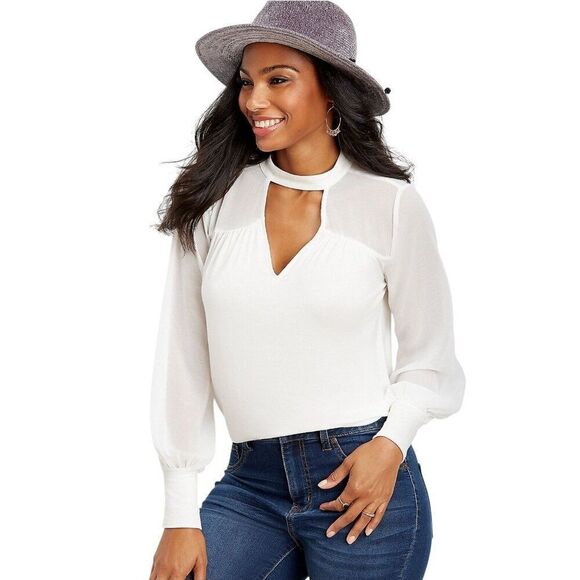 Maurices Womens Chiffon Blouse M White Keyhole Neck Sheer Office Chic Elegant - Picture 1 of 7